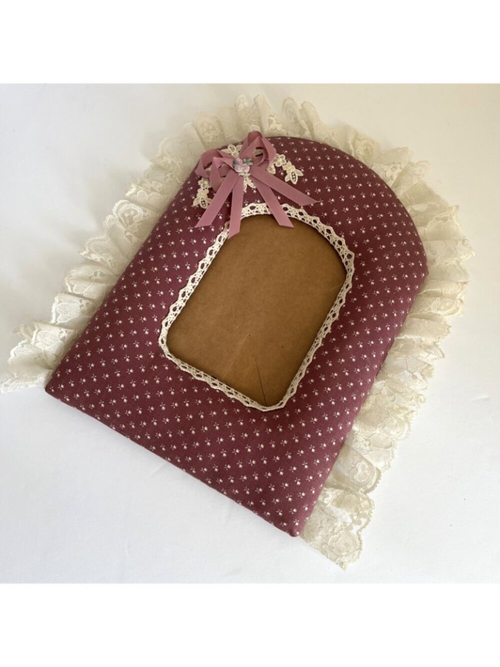 80s mauve floral cottagecore fabric picture frame bow country grandma 5x7 - Picture 2 of 7
